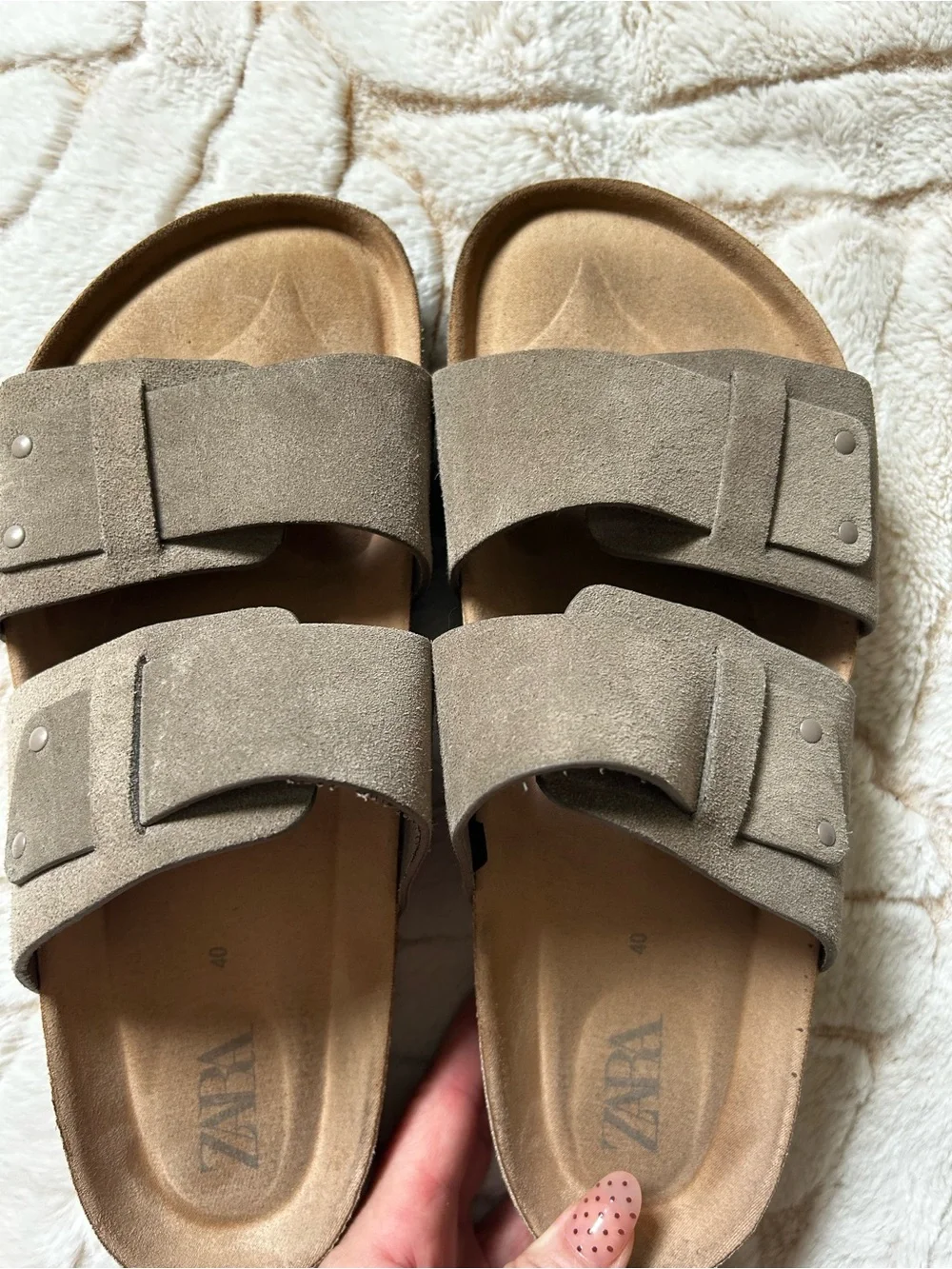 ZARA Taupe Suede Double Buckle Sandals - Picture 2 of 6